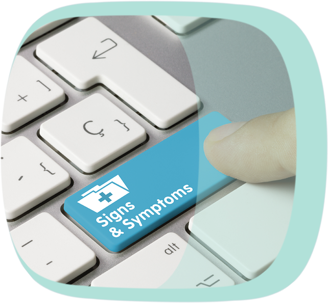 Eine Taste der Tastatur hat die Beschriftung "Signs & Symptoms" und wird von einem Finger gedrückt