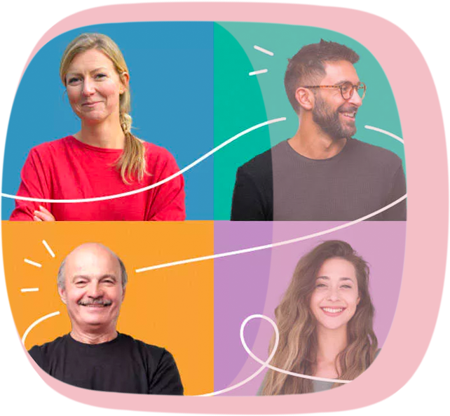 Eine Collage von 4 Personen vor farbigem Hintergrund